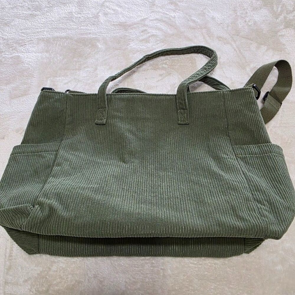 Unbranded Green Corduroy Bag Tote Laptop Bag Pockets Straps Crossbody Zip Pocket - Picture 5 of 9